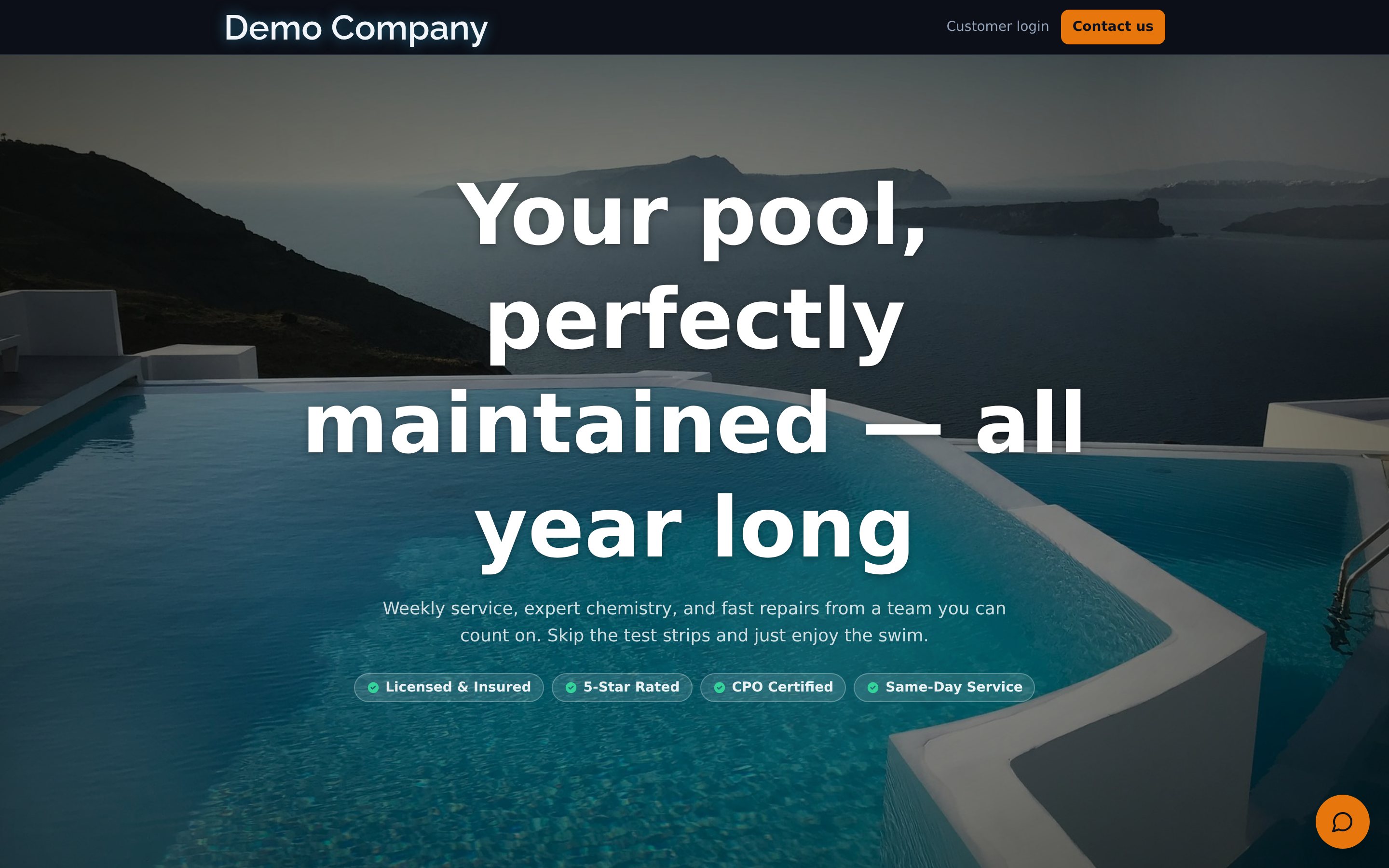 A live pool service company website built and hosted on RoutePilot